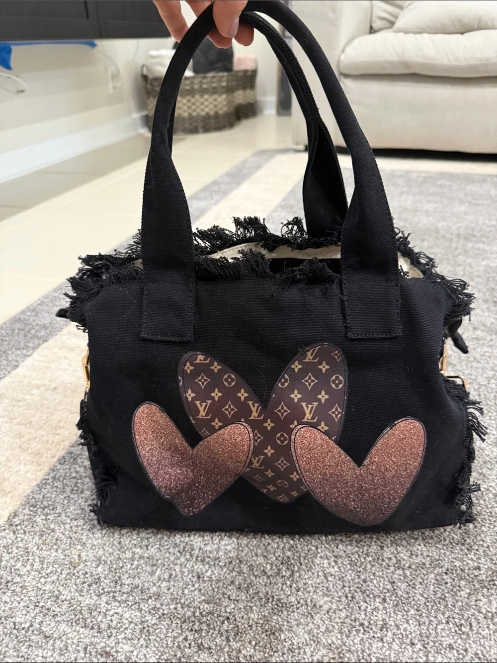 Black Canvas Tote with Heart Motif & Inspired Logo